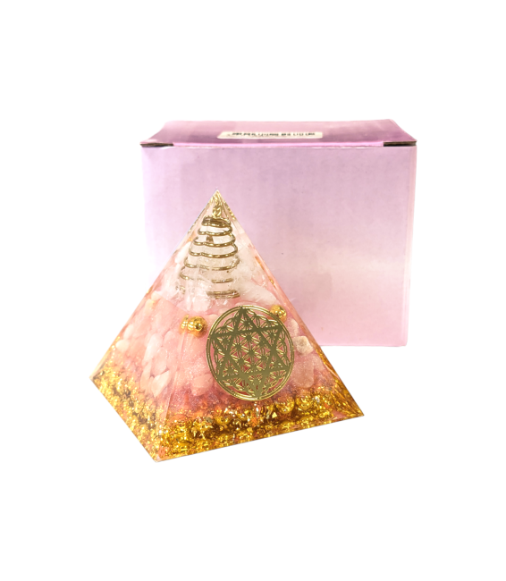 Piramide di orgonite, cristallo di rocca & pentacolo di fiore della vita in quarzo rosa