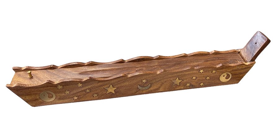 Porta incenso Scatola in legno di Sheesham Luna Stelle Ying Yang 30 cm x2