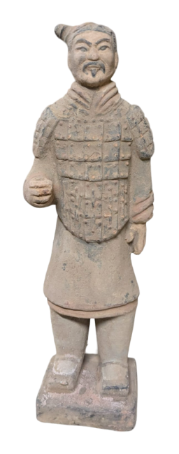 Statua di guerriero in terracotta antica colorata, 20 cm